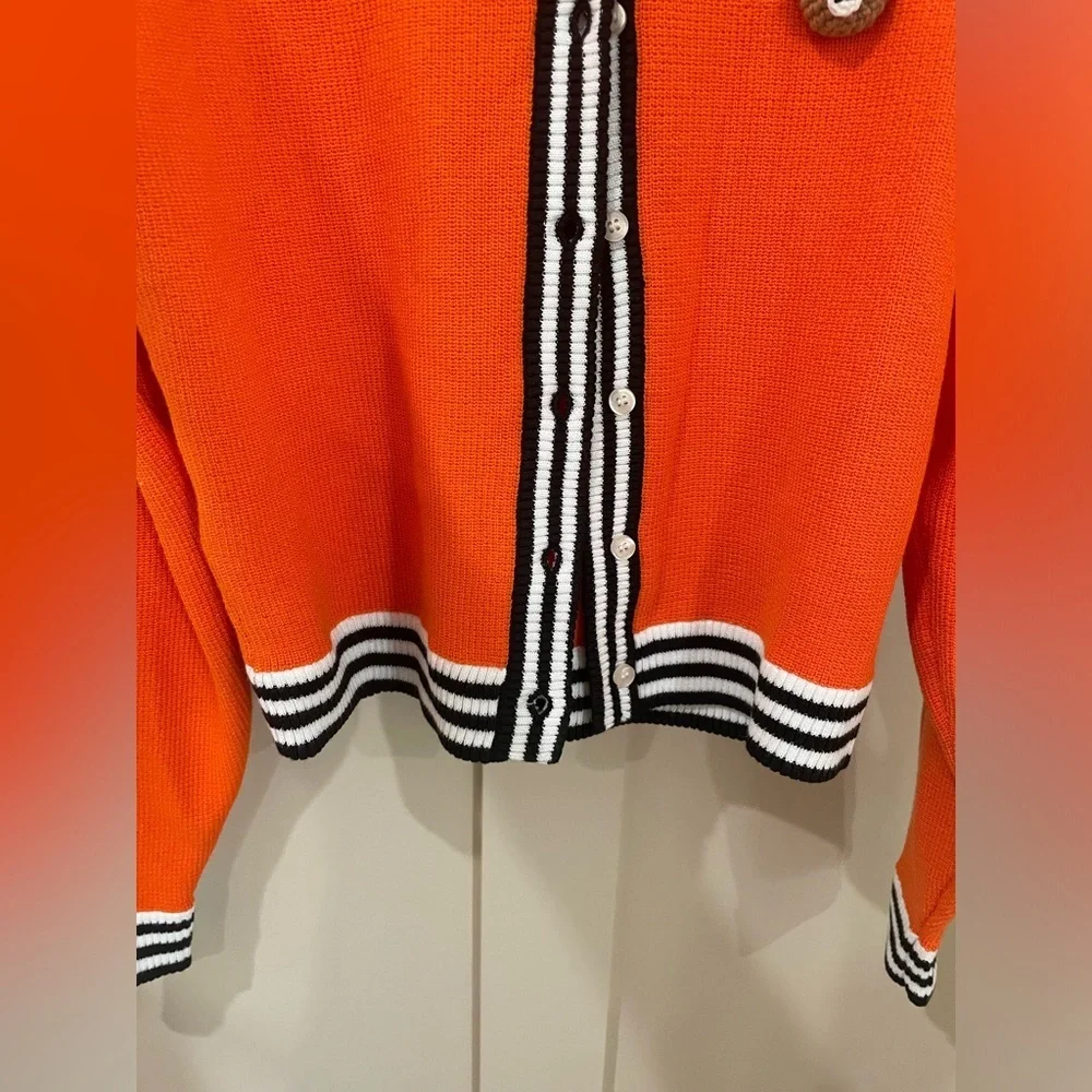 Teddy Fresh Orange Button Up Bear Cardigan with Striped Trim - Picture 5 of 6